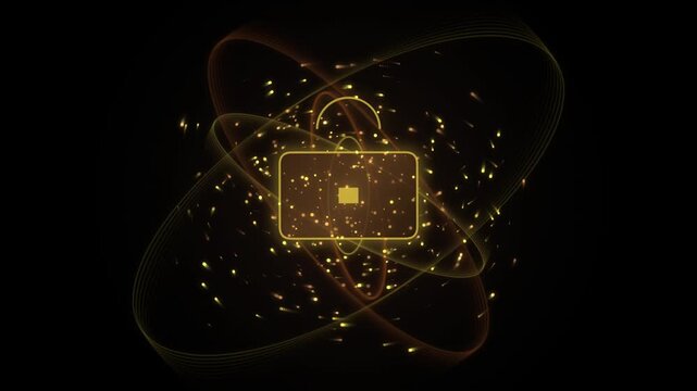 Futuristic cyber security lock icon animation, glowing gold digital padlock with orbiting particle rings, abstract data protection background