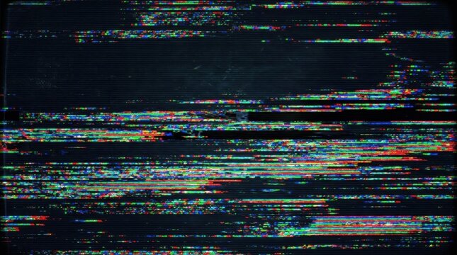Digital pixelated glitch effect on a dark textured background, featuring colorful horizontal lines and distorted data creating an abstract and retro technological error display.