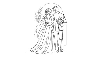 Obraz premium Wedding couple line art vector illustration of bride and groom standing together with floral bouquet