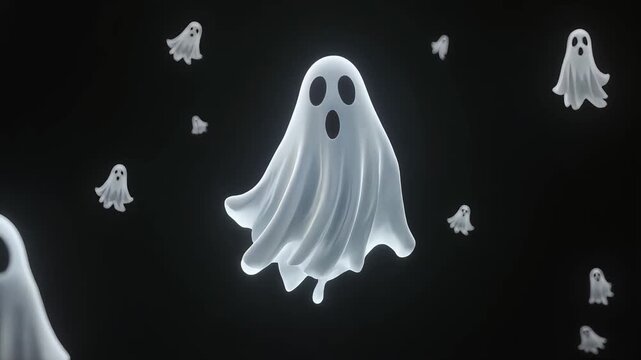 Spooky white ghosts floating in dark night background for halloween celebration background loop motion video footage