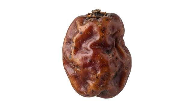 Single withered wild date fruit isolated on white background, macro studio photography of a dried organic brown date with wrinkled texture