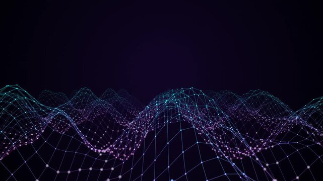 High quality 4K seamless looping abstract background animation. Features a 3D projected plexus terrain of interconnected data nodes waving organically. Styled with a premium cyberpunk color palette of