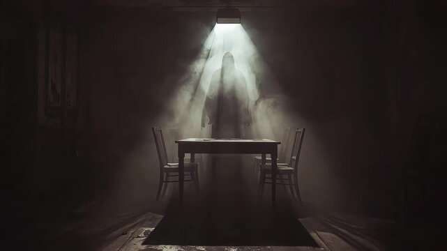 Eerie phantom figure standing behind a wooden table in a dark smoky room during this spooky motion video footage