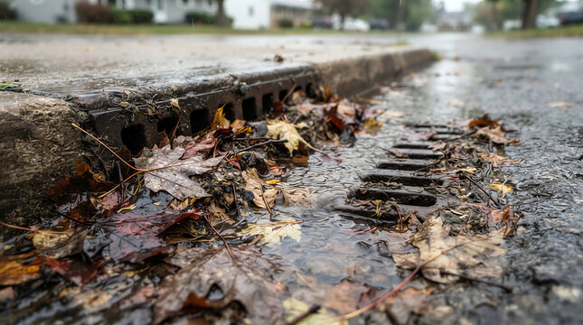 Rainwater flowing into clogged storm drain blocked by wet fallen autumn leaves and debris causing flood on street