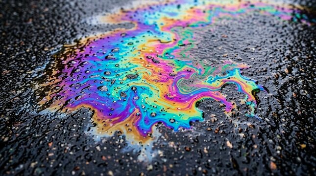 High-angle view of a colorful iridescent oil slick puddle on dark wet asphalt, showcasing vibrant rainbow swirls from petroleum contamination, ideal for environmental pollution themes