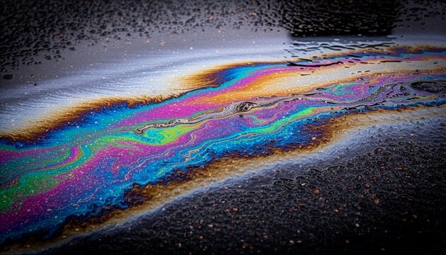 Iridescent oil slick pattern on wet asphalt surface after rain, showing colorful rainbow sheen from petroleum thin film interference, ideal for environmental pollution themes