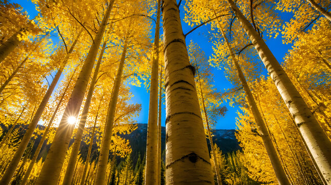 Tall golden aspen trees vibrant yellow foliage clear blue sky sunburst forest realistic low angle shot