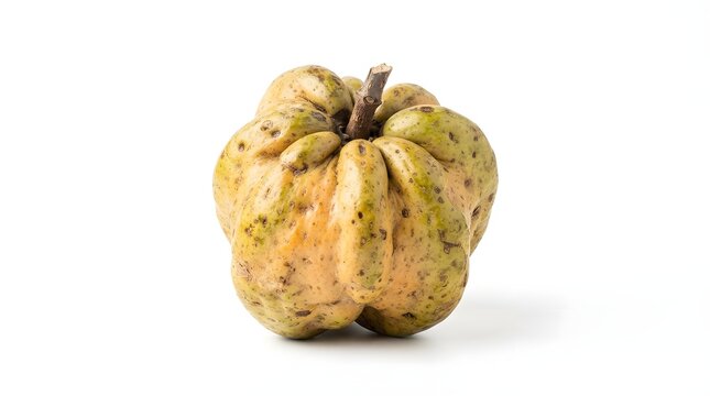Single ripe white sapote fruit isolated on white background, Casimiroa edulis tropical fruit with textured skin, studio shot for food photography