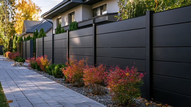 Modern black composite privacy fence along a suburban sidewalk. Contemporary residential horizontal slat fencing with autumn garden landscaping