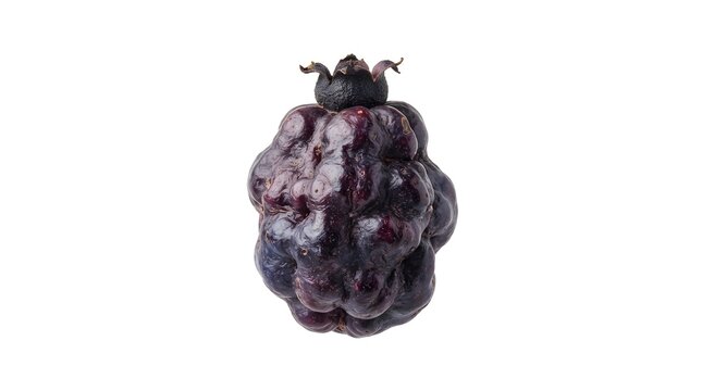 Single Syzygium cummuni or Java Plum fruit isolated on white background, high resolution macro photography of a dark purple tropical fruit