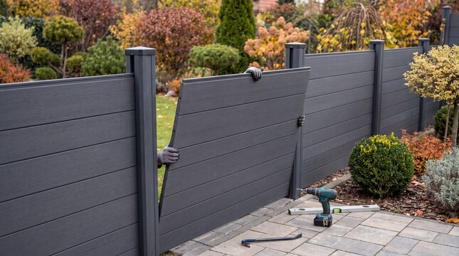 Installing modern composite fence panels in residential garden. DIY fence assembly with cordless drill and level