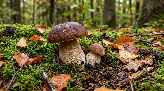Fresh porcini mushrooms growing naturally among green moss, fallen autumn leaves and forest soil, soft diffused woodland light, highly detailed realistic nature photography, rich organic textures, com