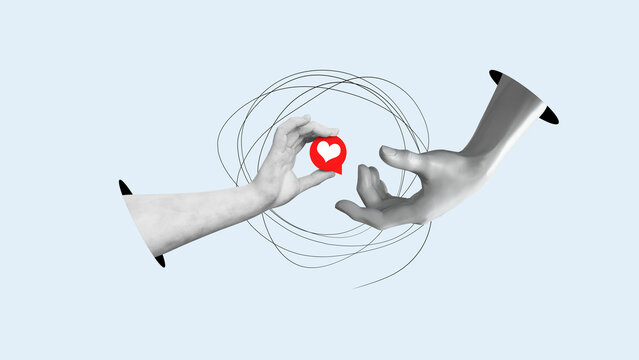 Human hand holding a glossy red like icon as a heart isolated on transparent background.