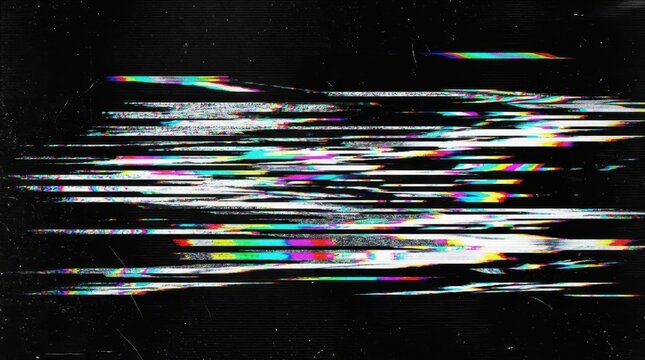 Abstract digital glitch texture with horizontal VHS signal distortion and RGB chromatic aberration on a dark grainy background featuring scan lines, corrupted video data, and retro noise.