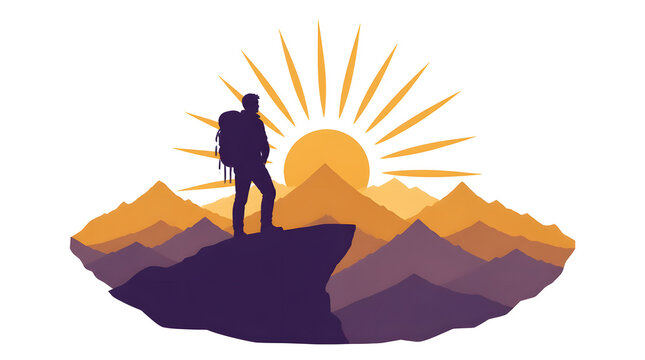 Silhouette of hiker standing on mountain peak gazing at sunrise over distant mountains