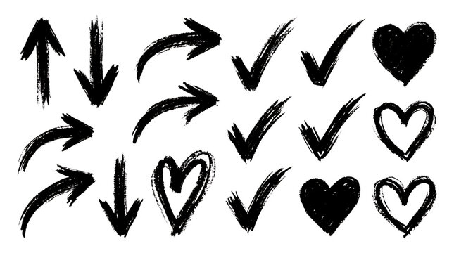 Set of hand drawn arrows check marks and heart shapes in black ink texture
