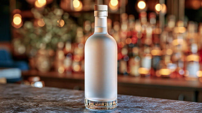 Blank frosted glass bottle mockup positioned on a dark bar counter, completely unbranded packaging with a clean empty label surface, elegant lounge interior softly blurred behind it, subtle warm hig
