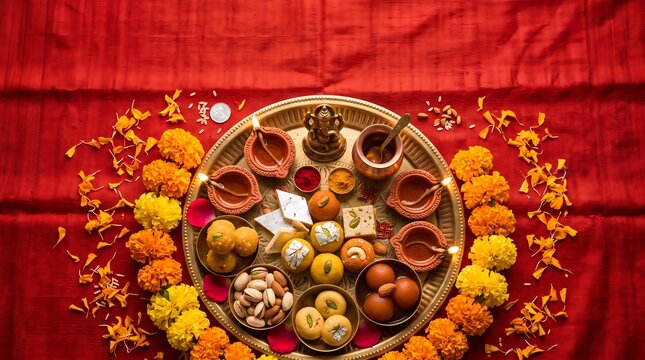 Decorative Diwali puja thali with lit diyas, marigold flowers and festive offerings on red background