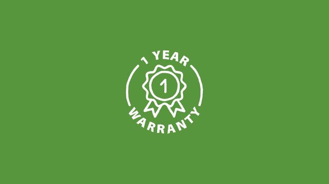 1 Year Warranty sticker with smooth seamless loop animation on a green screen background. Perfect for product promotions, e-commerce, retail, advertising, sales, product packaging, guarantees, and mar