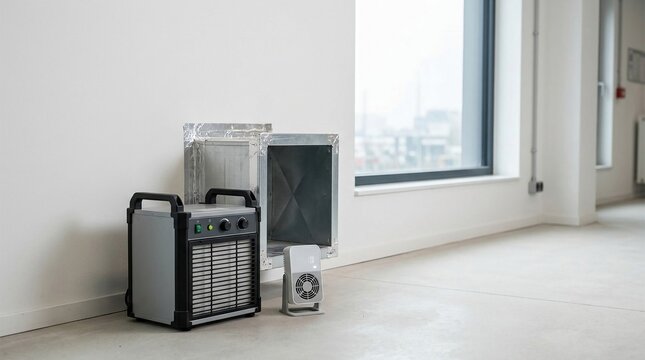 Portable air filtration unit and ventilation equipment set up indoors near a window and wall