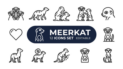 Obraz premium Meerkat Icon Set: A collection of twelve distinct line art icons featuring meerkats in various poses, along with a heart symbol and editable text.