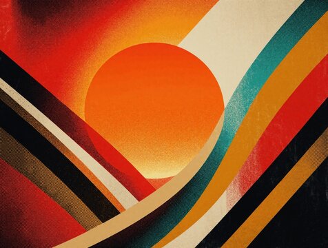 Abstract pop art design with retro halftone pattern. Bright orange sun shines behind colorful curved lines, geometric shapes. Vintage collage aesthetic with red, blue, yellow colors works well for e