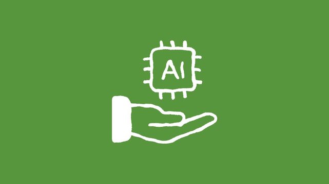 White AI chip icon floating above a hand with smooth seamless loop animation on a green screen background. Perfect for artificial intelligence, AI technology, machine learning, automation, 