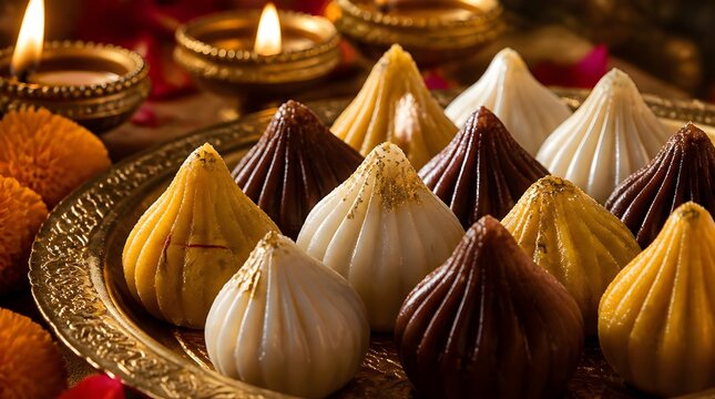 Traditional Indian modak sweets on a golden plate with glowing diyas and flowers during Ganesh Chaturthi festive celebration.