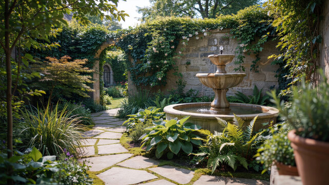 Serene english country garden with stone fountain and flagstone path