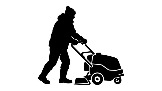 Silhouette of a Person Operating a Floor Scrubber Machine: A person in silhouette form is depicted operating a floor scrubber machine, their figure conveying a sense of diligent work.