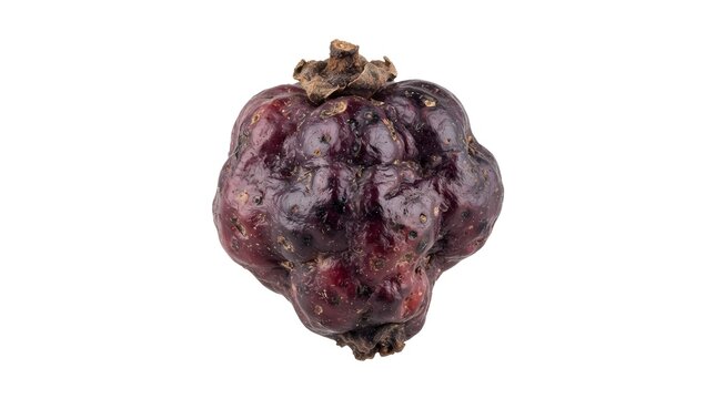 Single ripe Sherbet Berry or Phalsa fruit isolated on white background, macro shot of Grewia asiatica berry with dark purple textured skin