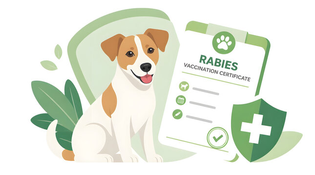 Dog sitting next to rabies vaccination certificate surrounded by green leaves medical symbols health protection clinical setting pet canine anima