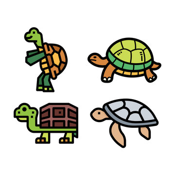 Bright and cheerful pixel-style turtles with varied shells and colors, ideal for playful or educational illustrations