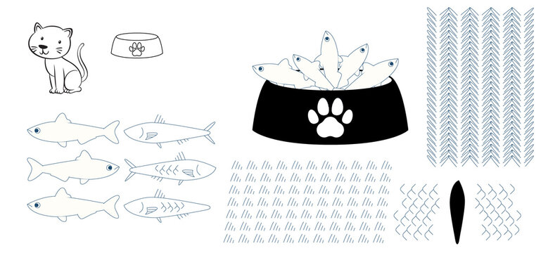 Creative Pet Care Graphic Set Featuring Outline Kitty Characters, Fish Treats, Paw Print Bowl, and Repeating Background Textures