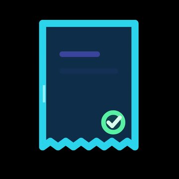 Animated invoice receipt icon with itemized lines and verified checkmark representing payment confirmation or billing statement