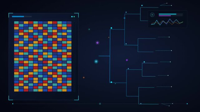 Digital analytics dashboard featuring colorful grid blocks and hierarchical flowcharts for complex big data processing
