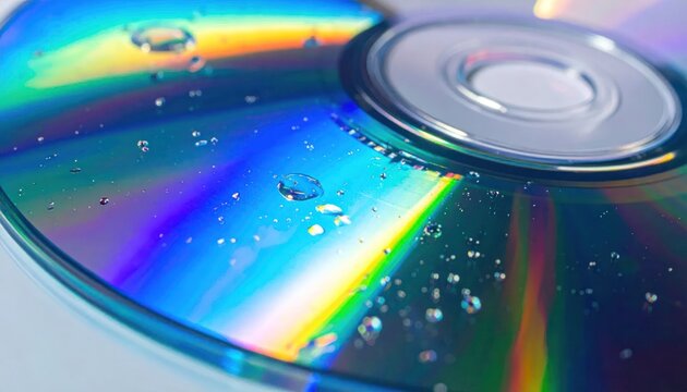 Blue iridescent CD surface with condensation droplets.