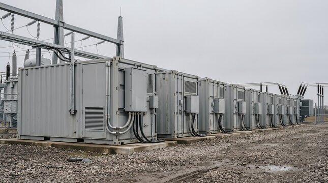 Battery energy storage containers lined up at a power substation