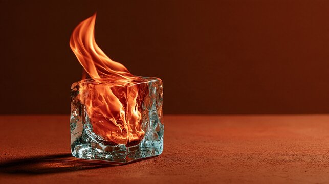 Flaming ice cube on textured surface