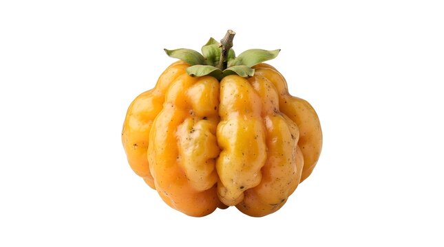 Single ripe Pitangatuba fruit isolated on white background, Eugenia selloi exotic yellow tropical fruit with unique bumpy texture and green stem