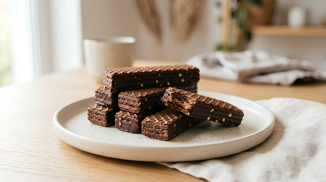 Crispy chocolate wafer bars stacked on a white plate for snack