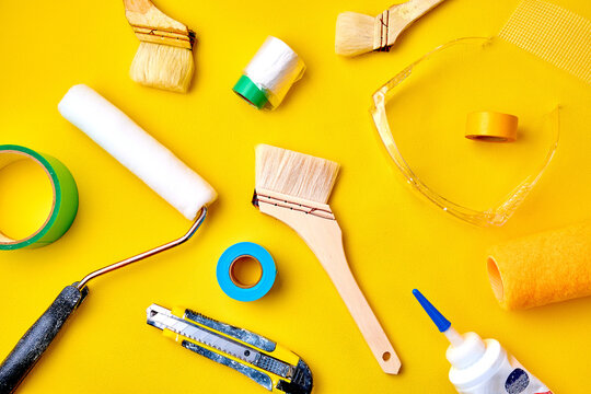 Painting Tools on Yellow Background