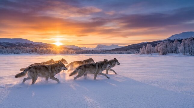 Wolf pack running in snow