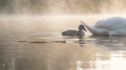 Cygnet swimming with its mother