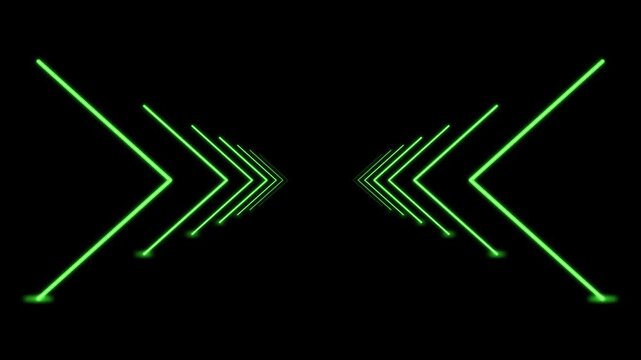 Neon green arrow tunnel background, futuristic glowing geometric lines, high-tech motion graphics for stage visuals and music videos