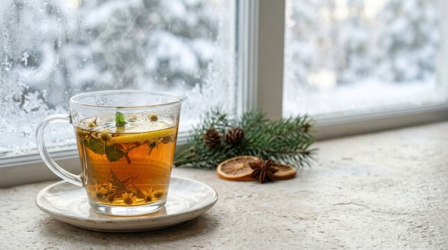 Herbal tea with chamomile and lemon by frosted window in wintertime.
