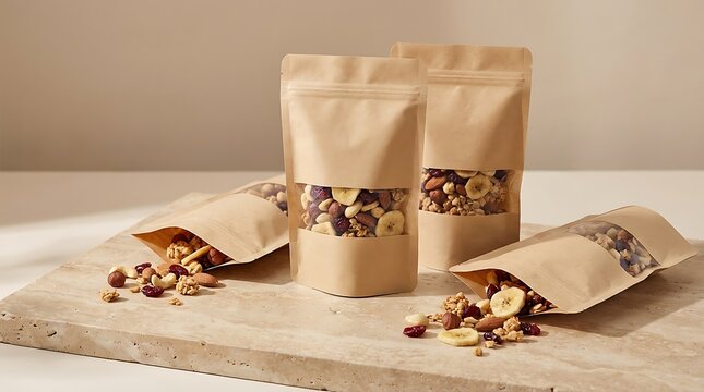 Brown paper pouches with healthy mixed nuts and dried fruit snacks on a table. trail food packaging