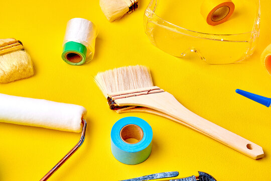 Painting Tools on Yellow Background