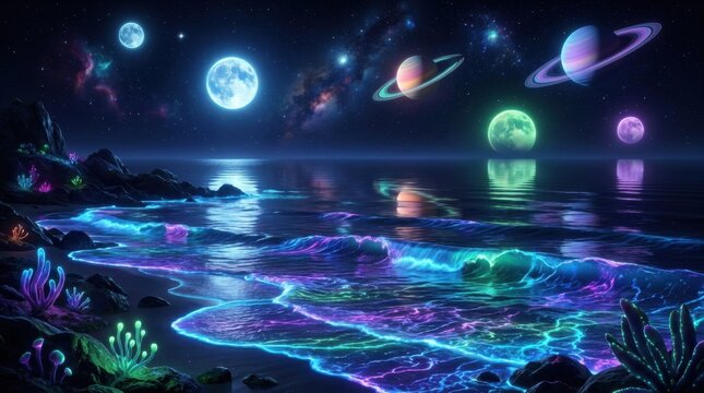 A surreal alien ocean landscape with bioluminescent neon waves and multiple glowing moons reflecting on the water.
