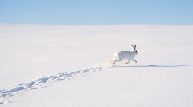 Snowshoe hare sprinting in snow